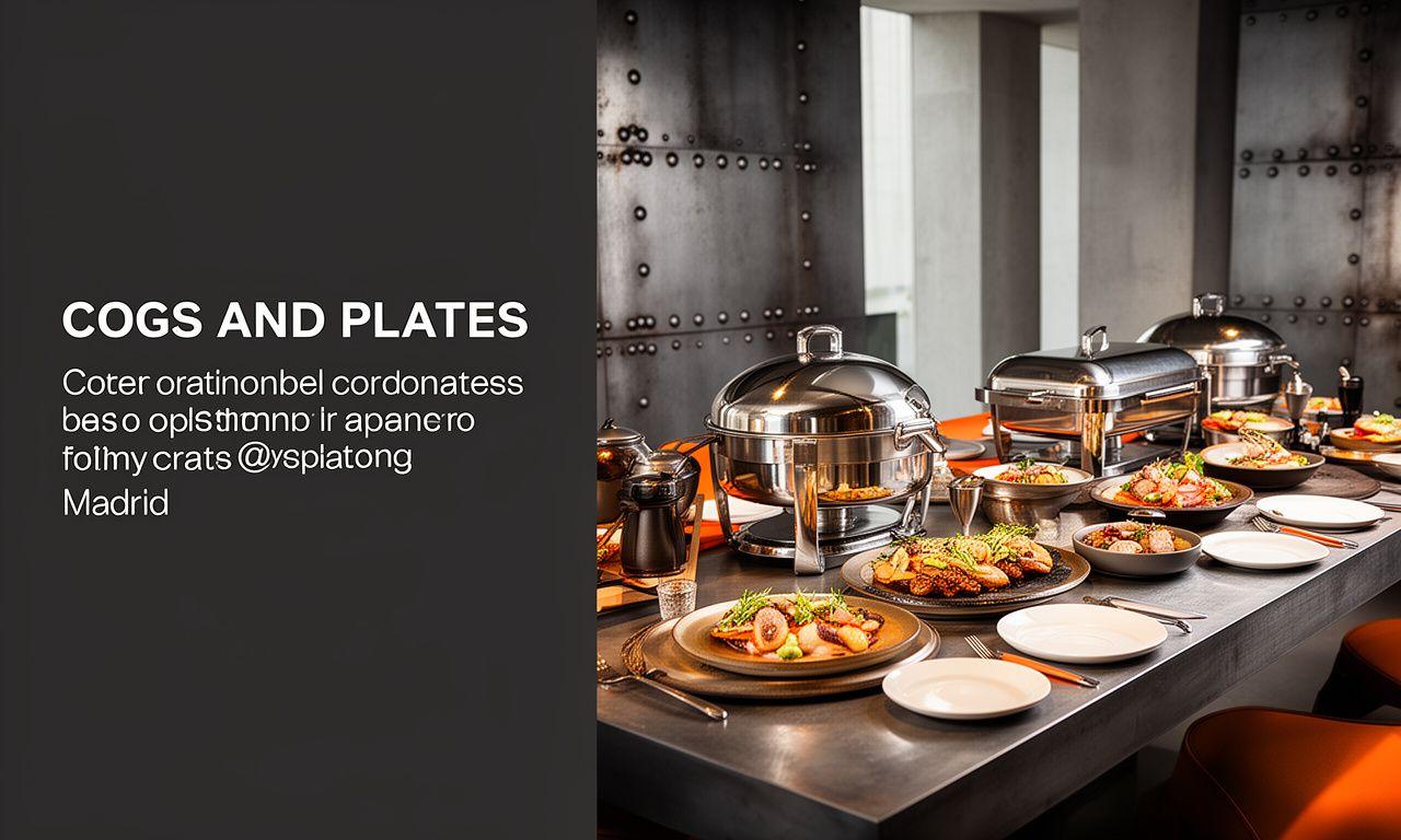Mesa de catering industrial con platos gourmet, detalles metálicos y montaje para evento en Madrid